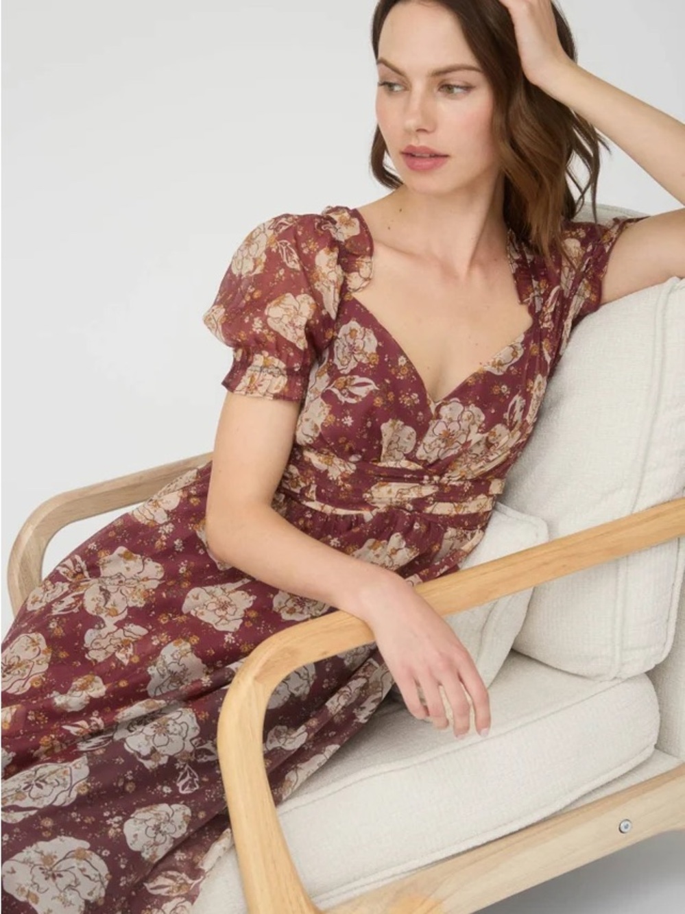 NWT Blu Pepper Burgundy Floral Puff-Sleeve Midi Dress